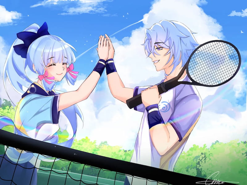 Kamisata Ayaka and Kamisata Ayato as professional tennis players by Costious on HoYoLAB.jpg